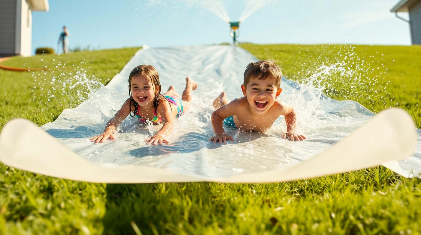 Two smiling kids sliding down a grassy hill side by side on a 100 ft long, 10 ft wide run of soaked plain white plastic slip and slide